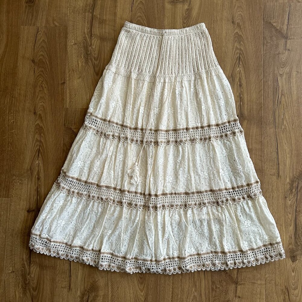Lemon Brand Cream Layered Boho Maxi Skirt Women’s Flowy Tiered Long Skirt Size L